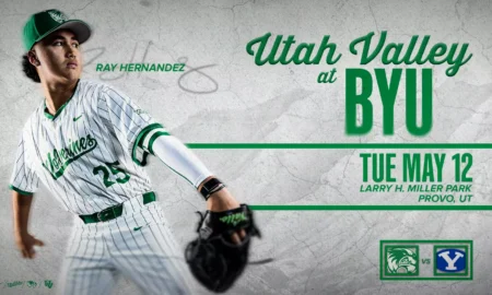 Poster promoting Utah Valley vs BYU baseball game featuring Ray Hernandez; date Tue May 12 at Larry H. Miller Park, Provo, UT.
