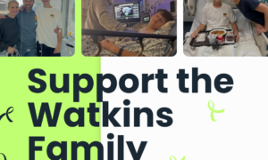 Collage poster urging support for the Watkins family with hospital photos and a donation message in bold text.