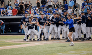 Cougars baseball team celebrates at home plate as players cheer and crowd applauds in the stands behind them