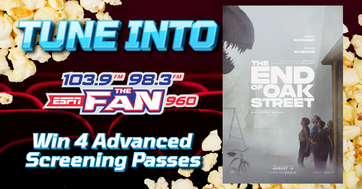 ENTER TO WIN TICKETS 1 - ESPN The Fan Promotional banner for a radio station giveaway with popcorn border, bold “TUNE INTO” text, station frequencies (103.9 FM, 98.3 FM, ESPN FAN 960), and “Win 4 Advanced Screening Passes”; a grayscale movie poster is shown on the right side.
