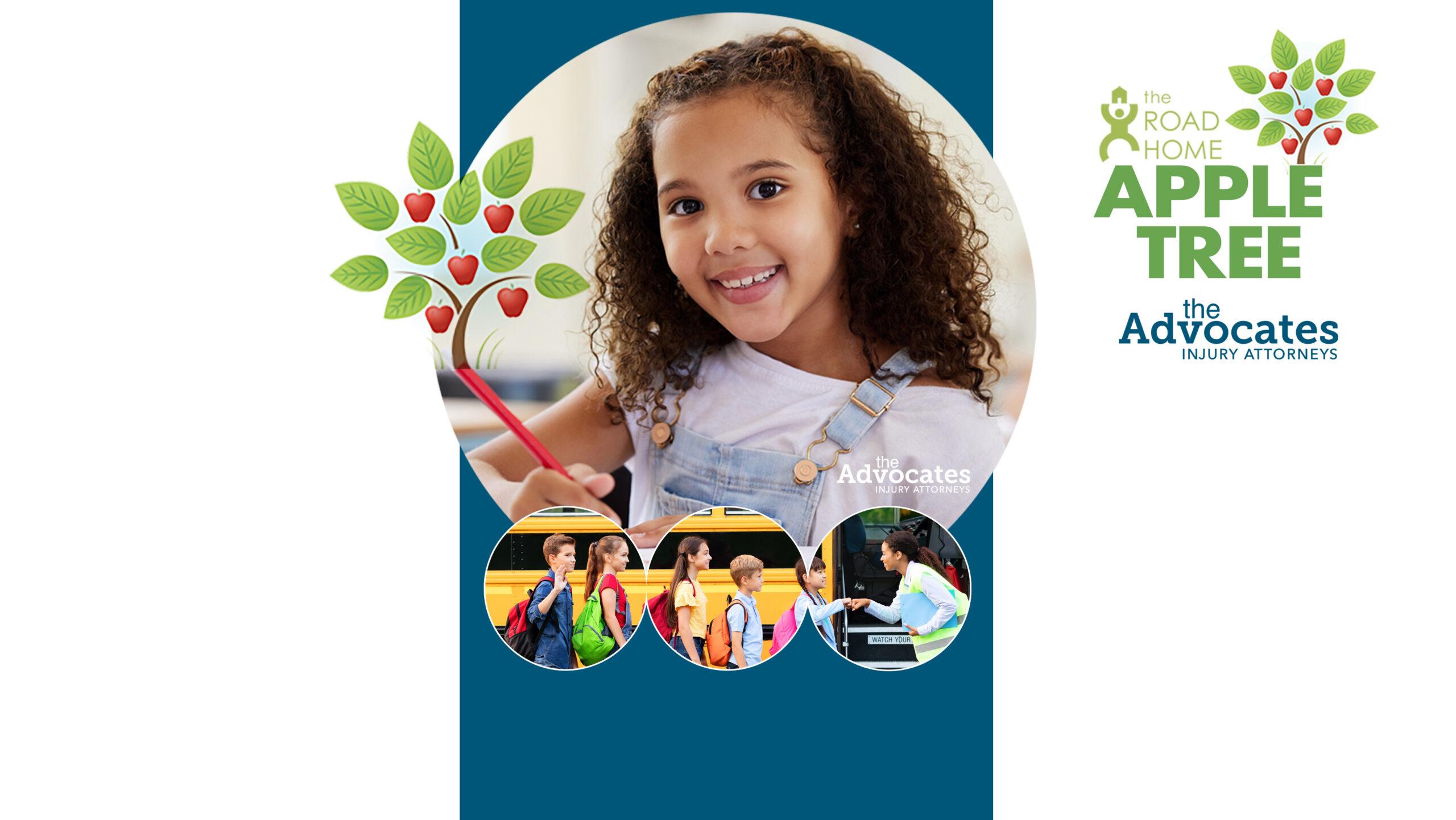 Smiling girl drawing with a red pencil beside an illustrated apple tree on a blue banner with The Advocates logo.