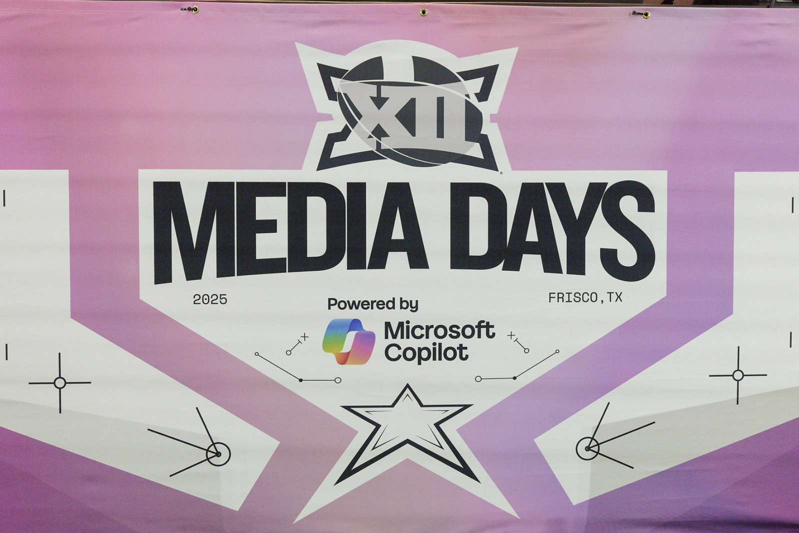 Media Days banner with pink gradient background, large 'MEDIA DAYS' text and star emblem; Frisco, TX 2025; powered by Microsoft Copilot.