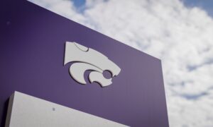 Close-up of a purple sign with a white abstract logo against a blue sky background.