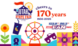 Colorful collage announcing the Utah State Fair's 170th anniversary with logos, Ferris wheel, prize ribbons, and various fair-themed icons.