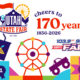 Colorful collage announcing the Utah State Fair's 170th anniversary with logos, Ferris wheel, prize ribbons, and various fair-themed icons.