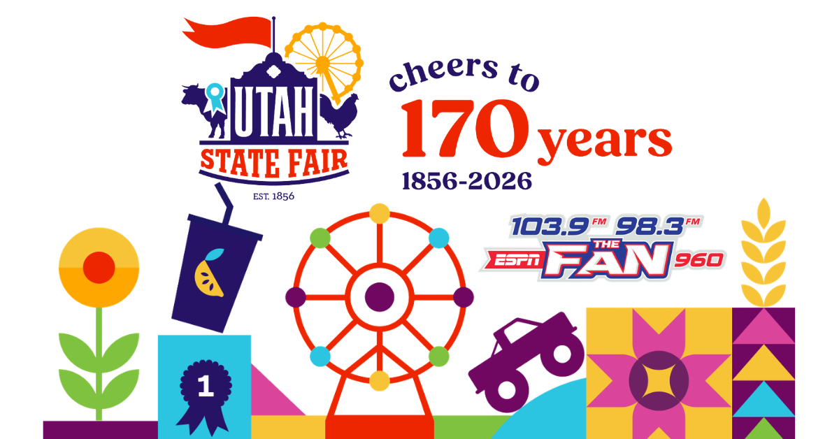 Untitled design 34 - ESPN The Fan Colorful collage announcing the Utah State Fair's 170th anniversary with logos, Ferris wheel, prize ribbons, and various fair-themed icons.