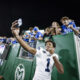 Player in white jersey reaches for a selfie as excited fans in blue cheer from behind a green barrier at a night game.